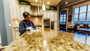 Professional granite cleaning service Plano TX technician sealing countertop