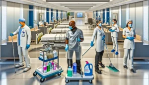 Professional healthcare facility cleaning team following medical-grade sanitization protocols