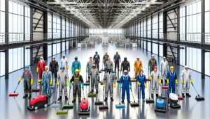 Professional industrial cleaning service team maintaining factory floor