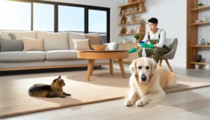 Professional pet-friendly cleaning service specialist cleaning a home with pets