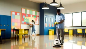 Professional school cleaning service worker sanitizing classroom surfaces